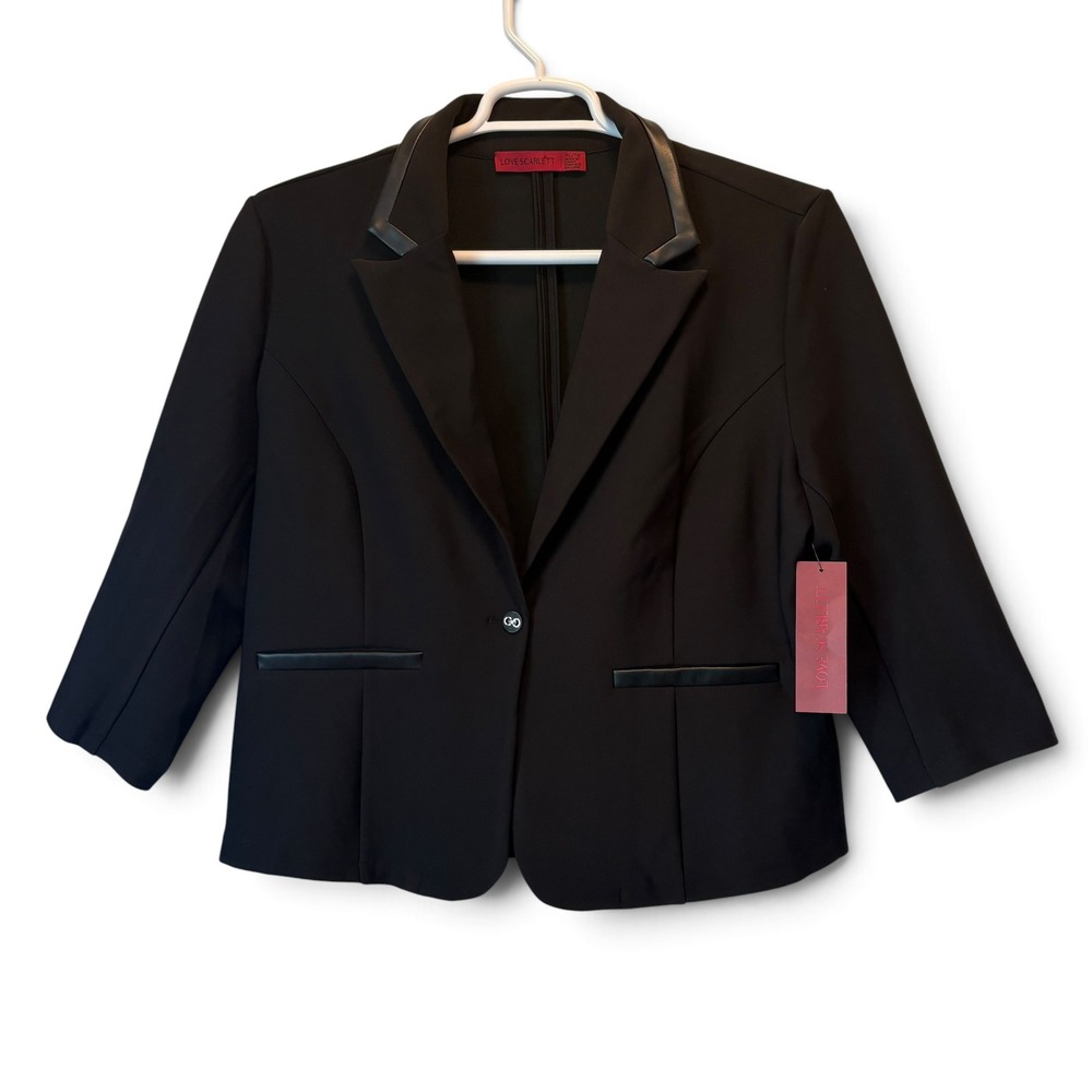 NWT Love Scarlett Women's XL Black Faux Leather Trim 3/4 Sleeve Career Blazer